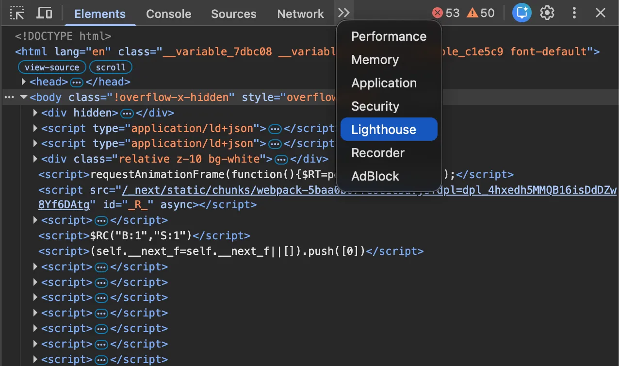 Chrome developer tab with highlighted Lighthouse tab button